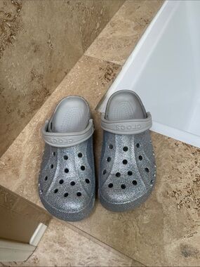 CROCS Silver Glitter Clog with Light Gray Strap